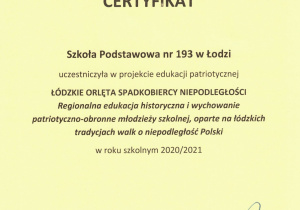 Certyfikat Projektu Łódzkie Orlęta Spadkobiercy Niepodległości